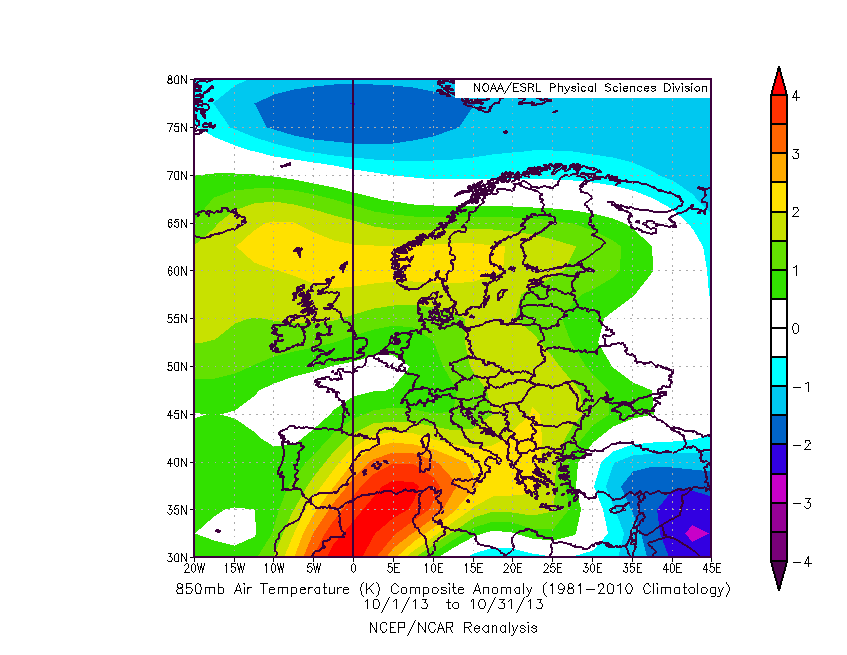 Meteo ASSAM Regione Marche - Anomalia temperatura 850mb Europa ottobre 2013