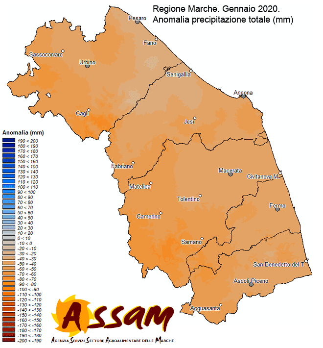 Meteo ASSAM Regione Marche - anomalia precipitazione gennaio 2020