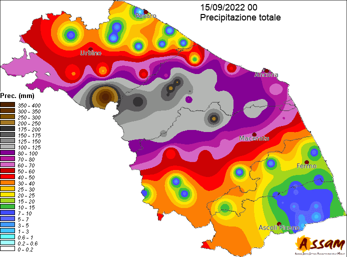 Meteo ASSAM Regione Marche - mappa precipitazioni 15 settembre 2022
