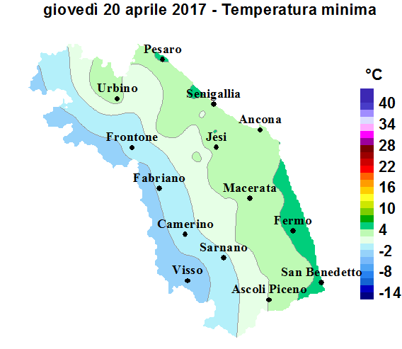 Meteo ASSAM Marche - temperatura minima 20 aprile 2017