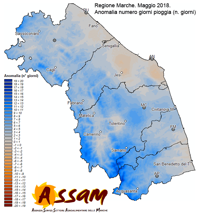 Meteo ASSAM Marche - anomalia giorni pioggia maggio 2018